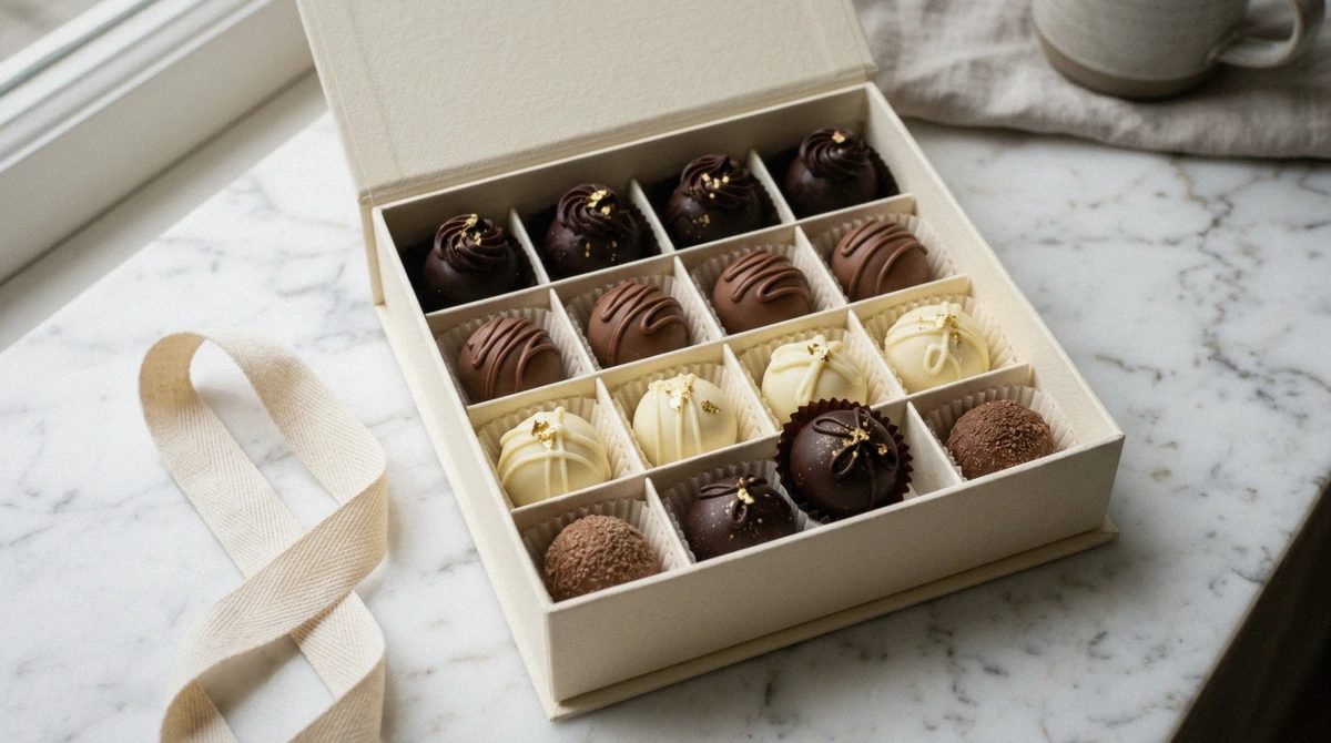 An open box of assorted Belgian pralines on a marble counter, the kind of box a Brussels chocolate tour ends with