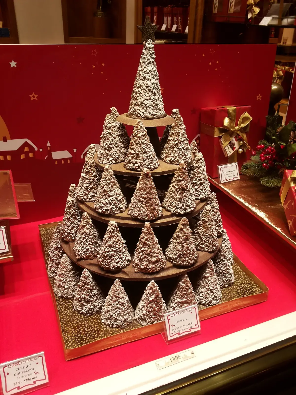 Tower of chocolate pieces in a Brussels shop at Christmas, typical of Belgian chocolate seen on chocolate tours in Brussels