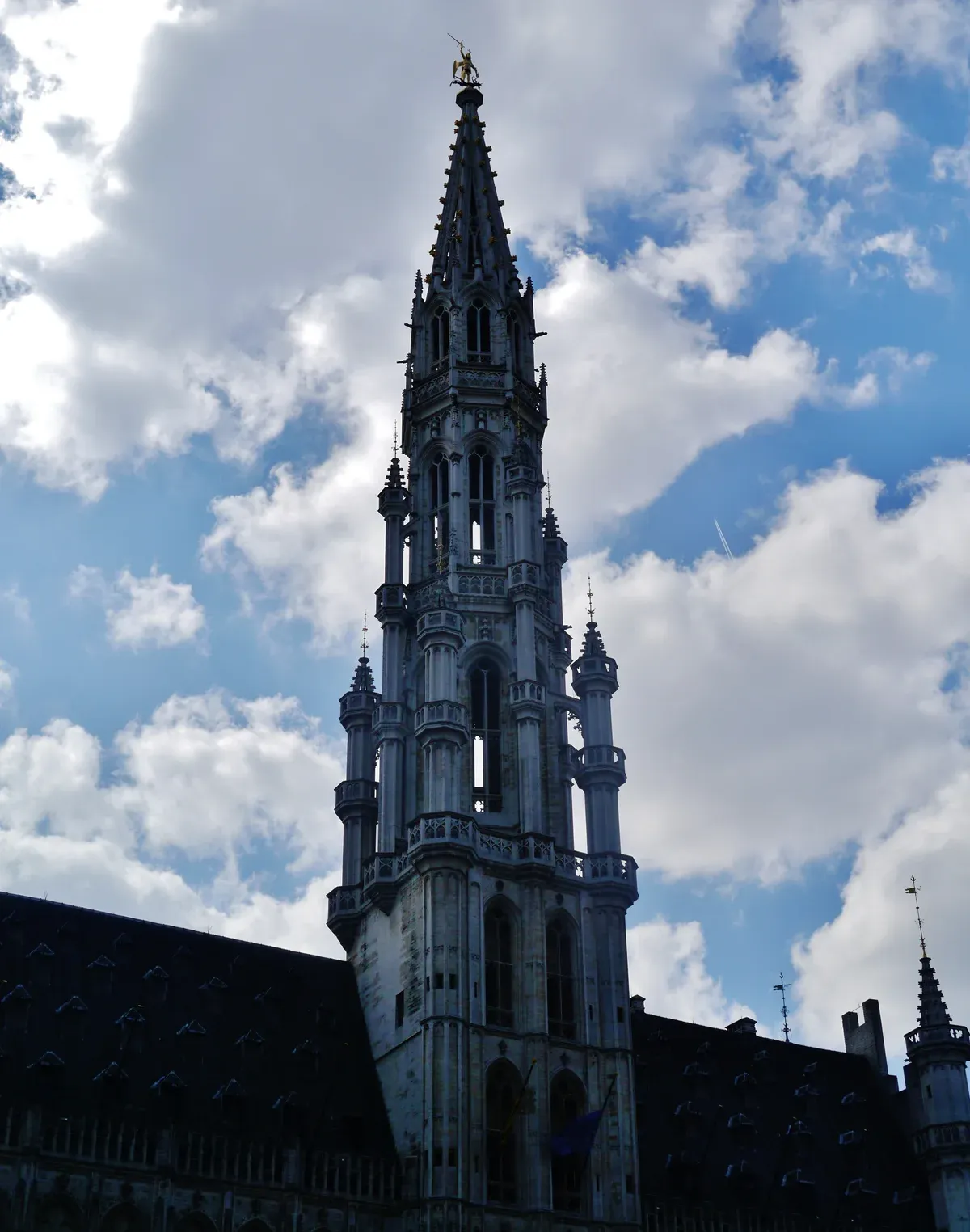 Brussels Town Hall tower on the Grand-Place, the landmark for artisan chocolate tours in Brussels