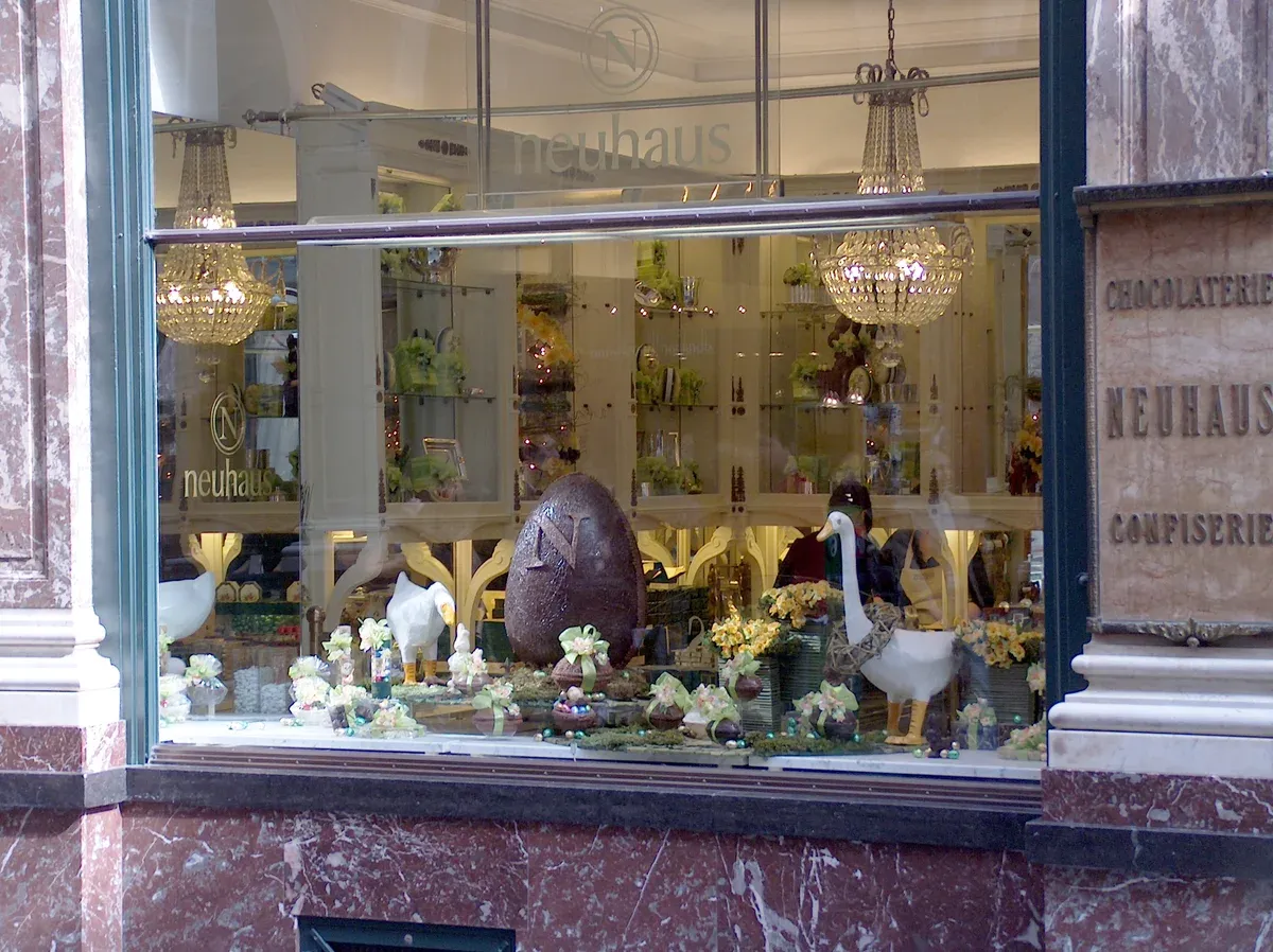 Neuhaus chocolatier shop window in a Brussels arcade, a classic stop on chocolate tours in Brussels